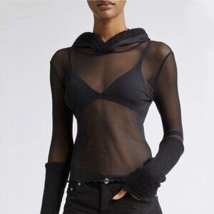 NEW Miaou Mari Black Sheer Mesh Long Sleeve Hoodie Top Women’s Size Small